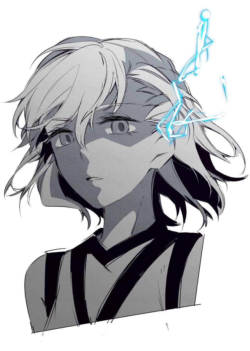 1girl absurdres commentary_request cropped_arms cropped_torso electricity electrokinesis empty_eyes greyscale gym_shirt hair_between_eyes higashizukihi_sei highres looking_at_viewer medium_hair misaka_mikoto monochrome parted_lips psychic shirt simple_background sketch solo spot_color toaru_kagaku_no_railgun toaru_majutsu_no_index tokiwadai_school_gym_uniform upper_body white_background