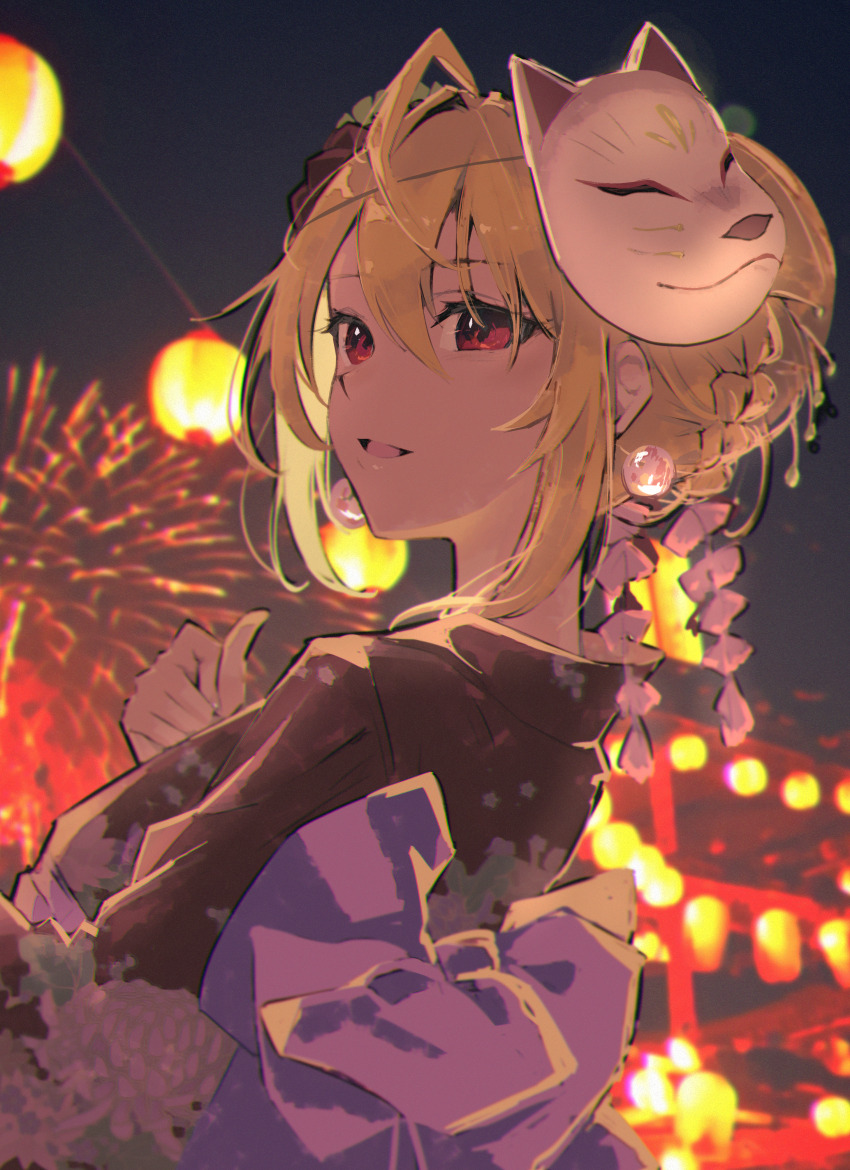 1girl absurdres aerial_fireworks ahoge angelica_rapha_redgrave blonde_hair commission e_ixion earrings fireworks fox_mask hair_between_eyes happy highres japanese_clothes jewelry kimono mask mask_on_head night otome_game_sekai_wa_mob_ni_kibishii_sekai_desu pixiv_commission red_eyes sidelocks solo upper_body yukata