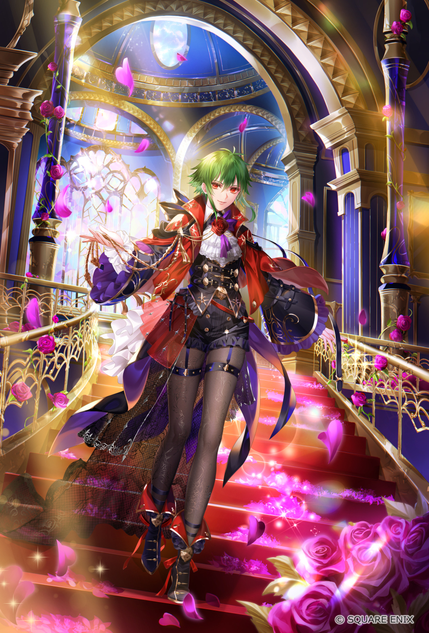 1girl absurdres asellus_(saga_frontier) black_pantyhose closed_mouth flower full_body green_hair highres long_sleeves looking_at_viewer nemusuke official_art pantyhose red_eyes red_flower red_rose romancing_saga_re;universe rose saga saga_frontier short_hair smile solo square_enix stairs standing wide_sleeves