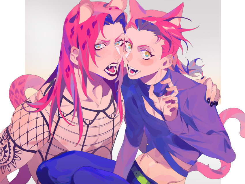 2boys animal_ears belt black_lips black_nails blue_pants blush braid braided_ponytail cat_boy cat_ears cat_tail cleavage_cutout clothing_cutout crop_top diavolo fangs fishnet_top fishnets green_belt grey_background hand_on_another&#039;s_shoulder highres hymkky3 jojo_no_kimyou_na_bouken kemonomimi_mode leopard_tail long_eyelashes long_hair makeup male_focus midriff multicolored_eyes multiple_boys nail_polish open_mouth pants pink_fur pink_hair purple_sweater simple_background spotted_fur spotted_hair sweater tail tattoo two-tone_background vento_aureo vinegar_doppio white_background