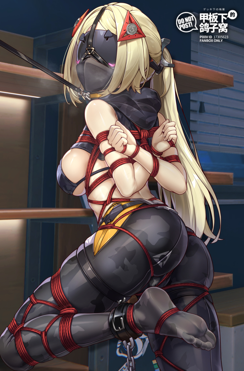 1girl ankle_cuffs arms_behind_back ass bare_shoulders bdsm black_blindfold blindfold blonde_hair bondage bound bound_ankles bound_arms bound_legs bound_wrists breasts chain crotch_rope cuffs female_focus frogtie gag gag_harness gagged highres long_hair mask medium_breasts mouth_mask ponytail restrained shackles shibari shibari_over_clothes skindentation soles thighs trigger_(zenless_zone_zero) very_long_hair yiduan_zhu zenless_zone_zero