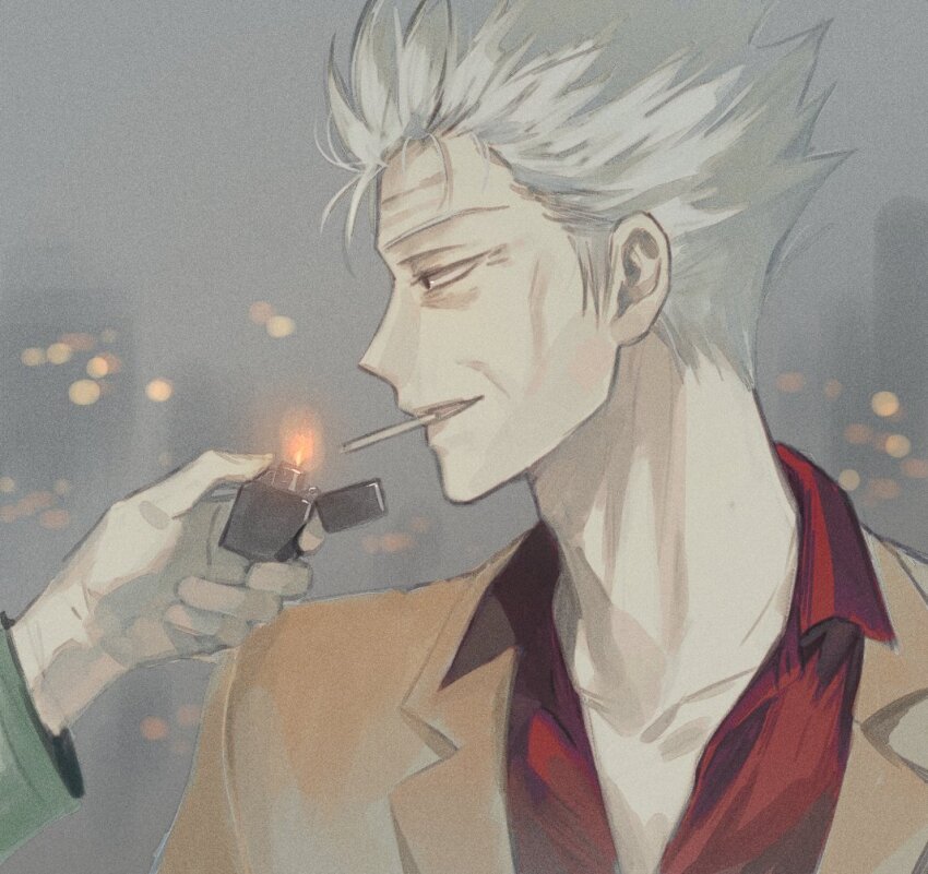 2boys black_eyes blazer cigarette city_lights collared_shirt fire gin_to_kin grey_hair grin hirai_ginji holding holding_lighter jacket kata_(kattttttta) lighter lighting_cigarette long_sleeves looking_at_another looking_to_the_side male_focus morita_tetsuo multiple_boys old old_man out_of_frame profile red_shirt shirt short_hair smile solo_focus upper_body yellow_jacket