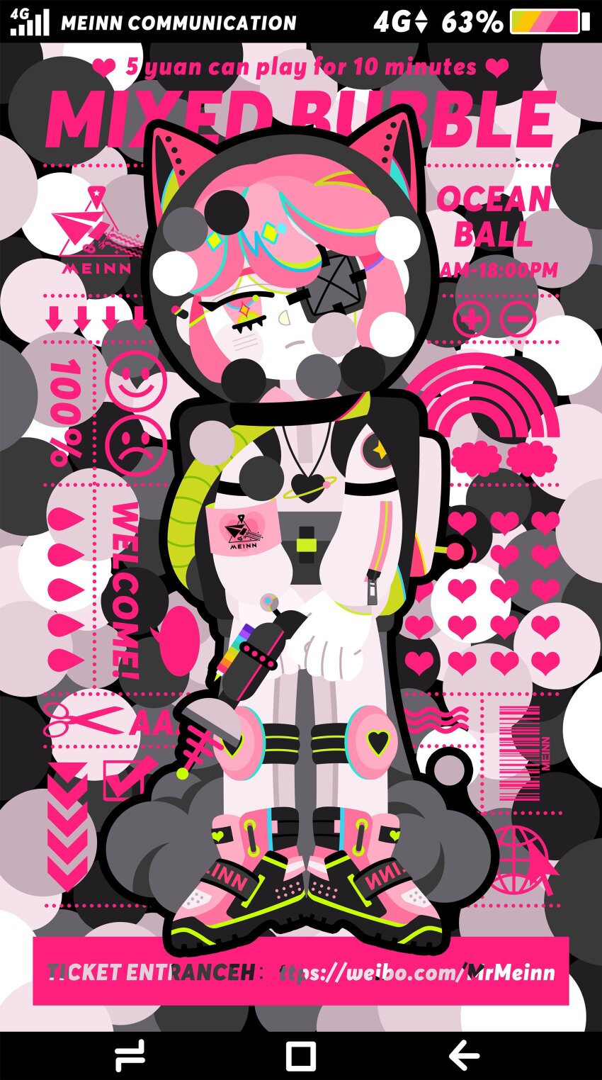 1girl absurdres animal_ear_headwear animal_ears armband astronaut backpack bag battery_indicator black_background black_bag black_outline blush_stickers bright_pupils bubble cat_ears closed_mouth commentary diamond-shaped_pupils diamond_(shape) energy_gun english_commentary english_text expressionless eyepatch fake_animal_ears frown full_body gloves grey_background gun head_tilt highres holding holding_gun holding_weapon limited_palette medical_eyepatch mrmeinn orange_eyes original outline pink_armband pink_hair pink_shoes rainbow ray_gun shoes short_hair smoke sneakers solo spacesuit straight-on symbol-shaped_pupils two-tone_background watermark weapon weibo_watermark white_gloves