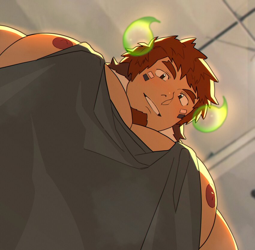 1boy absurdres alternate_costume animal_ears bara black_tank_top blush brown_hair cow_boy cow_ears cow_horns facial_hair fiery_horns foreshortening forked_eyebrows from_below goatee highres horns large_pectorals looking_at_viewer looking_down male_focus meme muscular muscular_male nipple_slip nipples pectoral_cleavage pectoral_focus pectorals photo-referenced short_hair sidepec smile solo spiked_hair tank_top thick_eyebrows tokyo_houkago_summoners ttn_(239_239) upper_body wakan_tanka pec_pov_(meme)