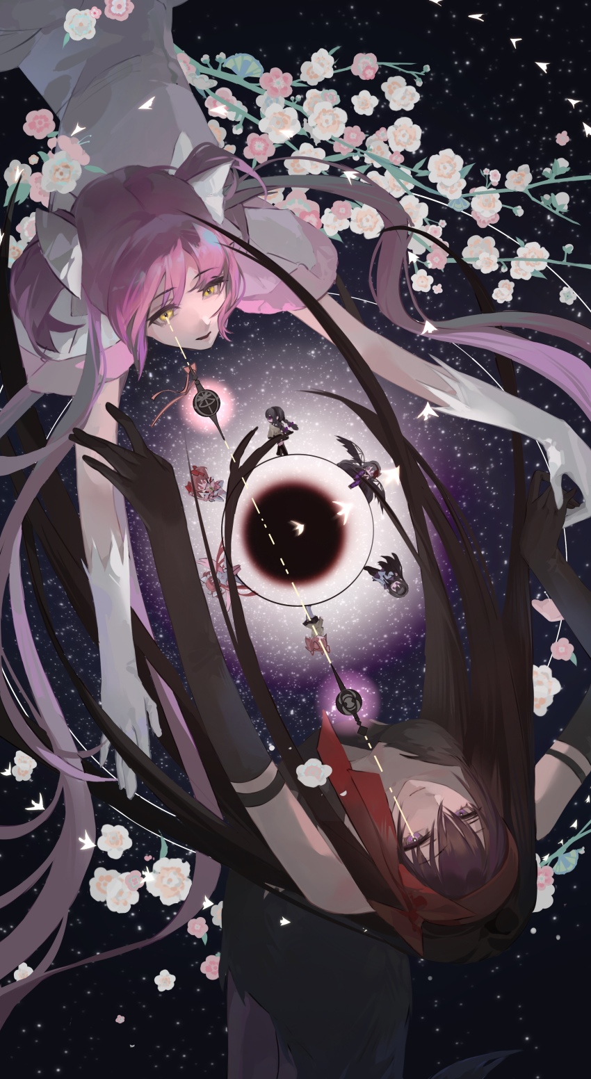 6+girls absurdly_long_hair absurdres akemi_homura akemi_homura_(magical_girl) akuma_homura armlet bird black_boots black_dress black_gloves black_wings boots bow bow_(weapon) braid center_opening closed_mouth crying crying_with_eyes_open dress elbow_gloves energy_wings eyelashes feathered_wings flower frilled_sleeves frills from_above gloves grief_seed hair_bow hairband highres holding holding_bow_(weapon) holding_weapon jewelry kaname_madoka kaname_madoka_(magical_girl) light_smile long_dress long_hair low_twin_braids magical_girl mahou_shoujo_madoka_magica mahou_shoujo_madoka_magica:_hangyaku_no_monogatari mitakihara_school_uniform multiple_girls multiple_persona outstretched_arms parted_lips pink_flower pink_hair pink_wings purple_eyes qin&#039;ai_de_xiong_xiansheng red_bow red_hairband school_uniform shield short_hair short_sleeves short_twintails simple_bird skirt_under_dress space strapless strapless_dress streaming_tears tears thigh_boots twin_braids twintails two_side_up ultimate_madoka very_long_hair walking weapon white_bird white_bow white_dress white_flower white_gloves wings yellow_eyes