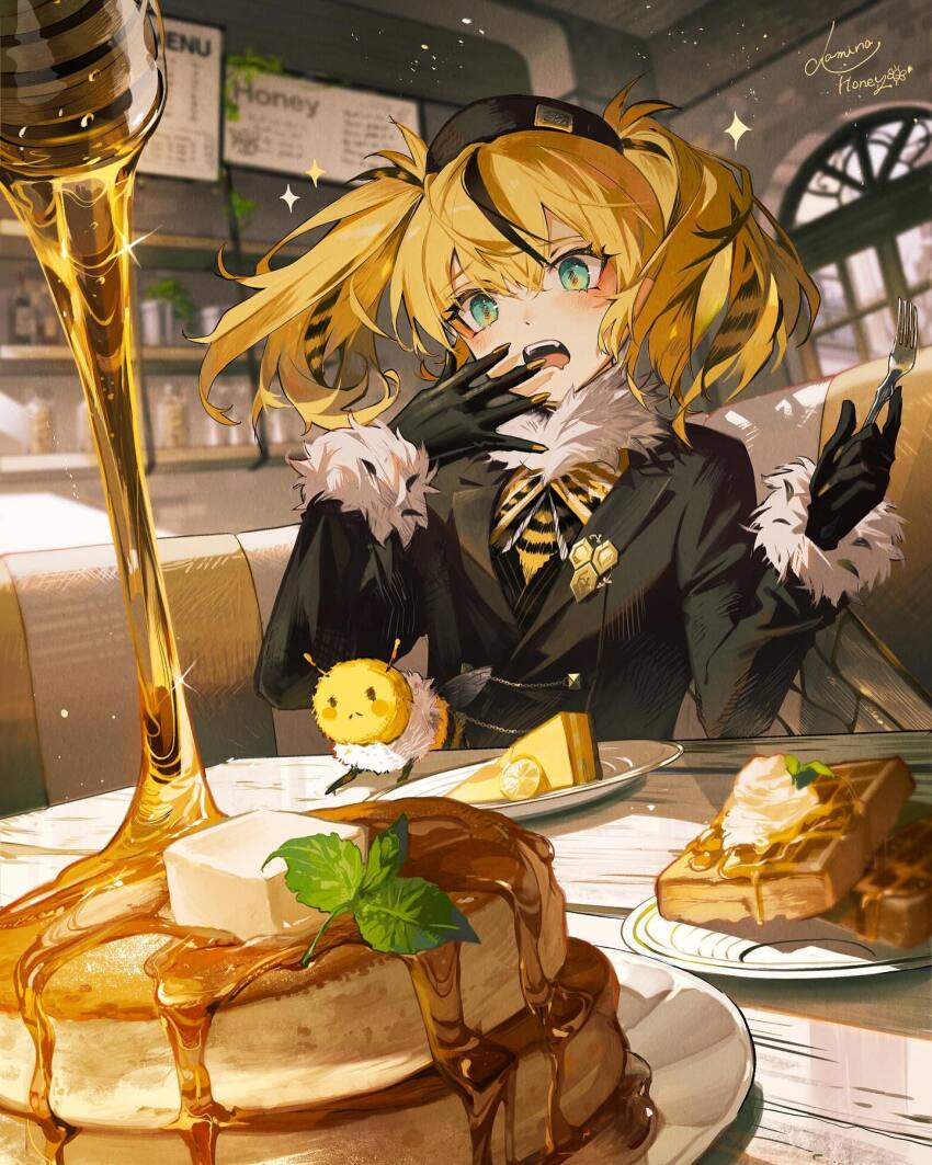 1girl arthropod_girl bee bee_girl black_gloves black_hair black_hat black_jacket blonde_hair blush bug butter cafe cake cake_slice couch drooling fingernail_gloves fingernails food food_focus fork formal_clothes fruit fur-trimmed_collar fur-trimmed_sleeves fur_trim gloves green_eyes hair_between_eyes hand_on_own_face hand_to_own_mouth hands_up hat highres holding holding_fork honey honey_dipper honeycomb_ornament indoors insect insect_girl insect_wings jacket lemon lemon_slice long_sleeves looking_at_food medium_hair menu_board mint mouth_drool multicolored_hair open_mouth original ozaki_domino pancake plate sharp_fingernails short_twintails sitting solo souffle_pancake source_request streaked_hair suit table teeth twintails two_side_up upper_body upper_teeth_only waffle whipped_cream window wings yellow_nails