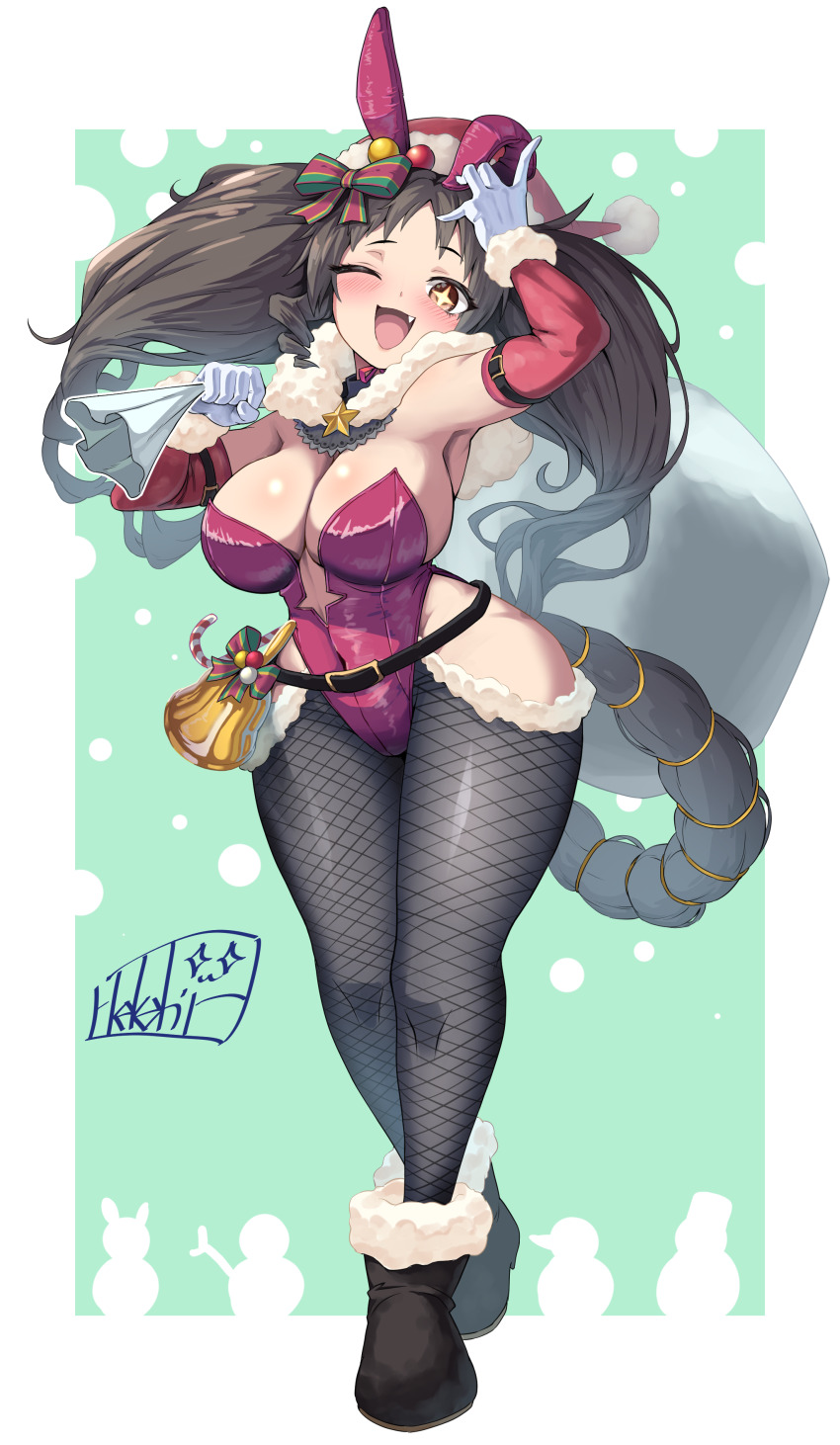 +_+ 1girl absurdres animal_ears bell belt black_belt black_footwear black_hair black_thighhighs blush bow breasts brown_hair detached_sleeves fake_animal_ears fang fishnet_thighhighs fishnets full_body fur_trim gloves green_bow hair_bow hat head_tilt hekahire_isurus highres holding holding_sack horse_tail large_breasts leotard long_hair looking_at_viewer marvelous_sunday_(umamusume) one_eye_closed open_mouth pink_leotard red_hat sack santa_hat smile solo standing tail thighhighs twintails umamusume white_gloves wide_hips