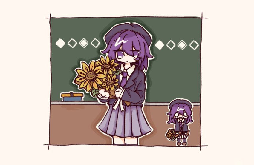 1girl beret border bouquet chibi chibi_inset classroom closed_mouth cowboy_shot flower hat holding holding_bouquet holding_flower long_sleeves medium_hair miniskirt multiple_views necktie outline pleated_skirt purple_eyes purple_hair purple_necktie qingdqing skirt standing sunflower utane_uta utau white_outline yellow_flower