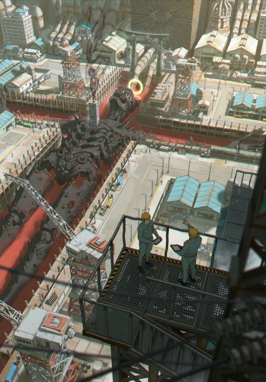 2boys 6+others ambiguous_red_liquid arm_up aura barrel black_footwear blurry blurry_foreground brown_eyes building caution chromatic_aberration clipboard colored_sclera construction construction_site construction_worker crack dark_aura extra_eyes halo hard_hat helmet highres holding holding_clipboard industrial_pipe kiginobiru_(hayapi) lying monolith_(object) monster multiple_boys multiple_others on_back open_mouth original pillar railing rust scenery science_fiction sharp_teeth sign size_difference skeleton spikes stairs standing steel_beam teeth torii utility_pole veins walking yellow_headwear yellow_sclera
