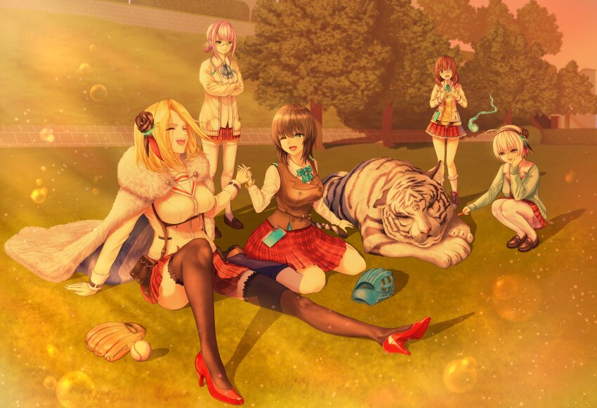 6+girls absurdres ahoge aoi_erika baseball baseball_glove black_flower black_hair blonde_hair blue_fire breasts brown_hair byakko_(heaven_burns_red) cape cardigan drill_hair eyepatch fire flower fur-trimmed_cape fur_trim glasses green_cardigan green_eyes grey_hair hair_flower hair_ornament heaven_burns_red highres higuchi_seika hiiragi_kozue interlocked_fingers jacket large_breasts long_sleeves medium_hair minase_ichigo minase_sumomo multiple_girls on_grass one_eye_covered outdoors plaid_clothes plaid_skirt purple_eyes purple_hair red_skirt ribbon rose sailor_collar shirt short_hair sikine_caligula skirt team_31b_(heaven_burns_red) tiger twin_drills vest white_sailor_collar white_shirt white_tiger