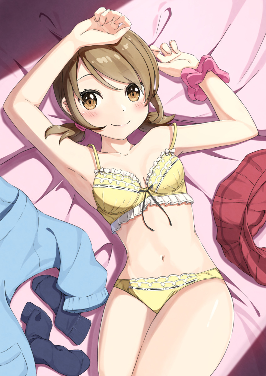 absurdres bra breasts brown_eyes brown_hair commission frilled_bra frills highres lass_(pokemon) light_blush looking_at_viewer low_twintails lying medium_breasts navel negimiso1989 nintendo on_back panties pixiv_commission pokemon pokemon_oras short_twintails skirt smile socks stomach sweater twintails underwear underwear_only unworn_skirt unworn_socks unworn_sweater variant_set yellow_bra yellow_panties