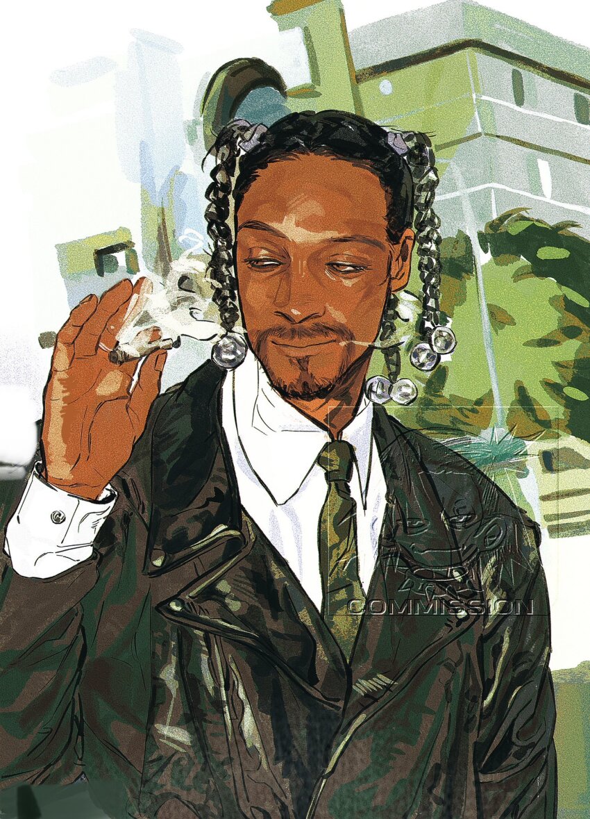 1boy black_hair black_jacket braid cigarette dark-skinned_male dark_skin dress_shirt facial_hair formal_clothes goatee green_necktie half-closed_eyes highres holding holding_cigarette jacket kaichi1129 marijuana necktie real_life shirt smoking snoop_dogg solo suit upper_body watermark white_shirt