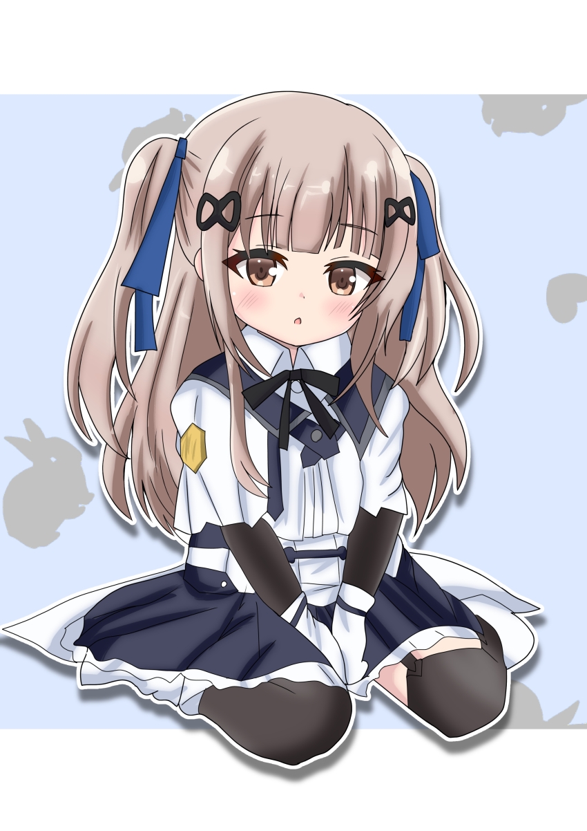 1girl absurdres aged_down assault_lily between_legs black_ribbon black_skirt black_thighhighs blue_background blue_ribbon blunt_bangs blush boots brown_hair capelet child collared_shirt commentary ebisu_nobu frilled_skirt frills full_body garter_straps gloves hair_ornament hair_ribbon hairclip hand_between_legs heart heart_background highres letterboxed long_hair long_sleeves looking_at_viewer miniskirt neck_ribbon outside_border parted_lips rabbit_background ribbon school_uniform shirt sidelocks sitting skirt solo tada_shiera thighhighs two_side_up underbust v_arms wariza white_boots white_capelet white_gloves white_shirt yurigaoka_girls_academy_school_uniform