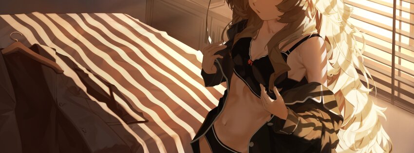 1girl absurdres black_bra black_panties blonde_hair blue_archive bra breasts clothes_hanger commentary head_out_of_frame highres indoors issun_boushi_(taku37taku) loli long_hair long_sleeves navel off_shoulder open_clothes panties parted_lips professor_niyaniya_(blue_archive) small_breasts solo stomach underwear unworn_clothes very_long_hair
