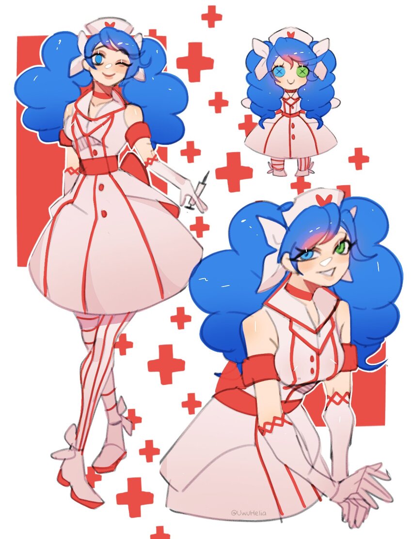 1girl alternate_costume bare_shoulders blue_eyes blue_hair boots commentary cross doll dress elbow_gloves english_commentary gloves green_eyes gwen_(league_of_legends) hat heterochromia highres holding holding_syringe league_of_legends long_hair multiple_views nurse nurse_cap pantyhose shoes striped_clothes striped_pantyhose syringe twintails uwuhelia white_background white_gloves