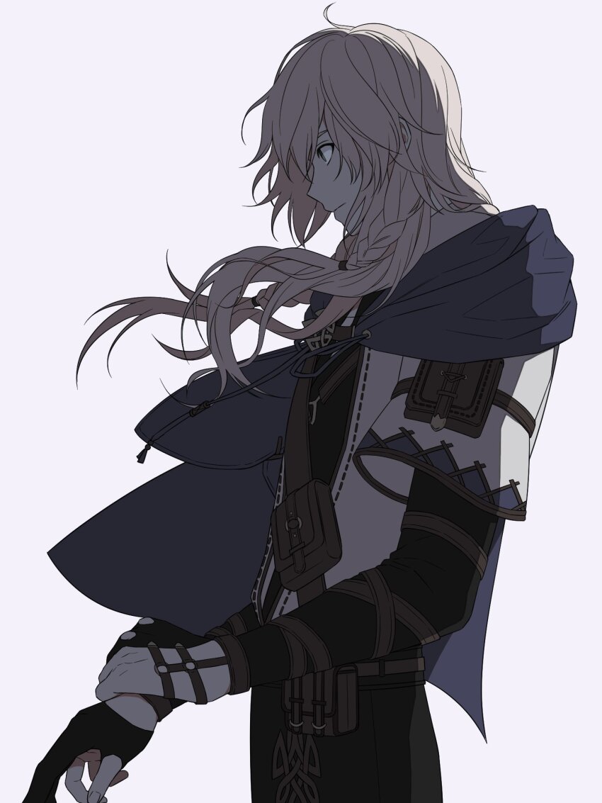 1boy adjusting_clothes belt belt_pouch black_gloves black_pants blonde_hair blue_cape braid cape chest_strap closed_mouth cowboy_shot floating_hair from_side gloves grey_eyes highres layered_sleeves loiscneach_(mabinogi) long_hair long_sleeves looking_ahead mabinogi male_focus open_clothes open_shirt pants parted_bangs partially_fingerless_gloves pouch profile ray_(lthenray) short_over_long_sleeves short_sleeves side_braid simple_background solo standing white_background