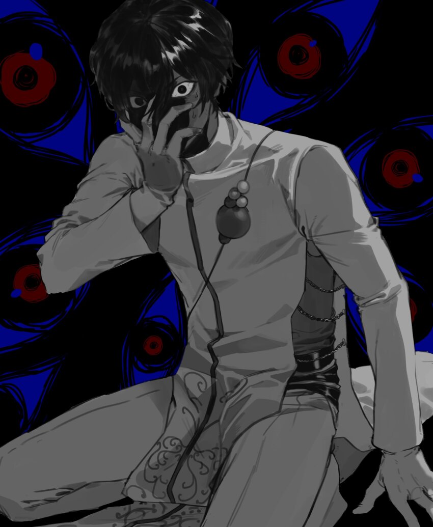 1boy absurdres arjuna_(fate) dark-skinned_male dark_background dark_skin fate/grand_order fate_(series) gloves greyscale_with_colored_background hair_between_eyes hand_over_face highres indian_clothes kneeling long_sleeves looking_at_viewer male_focus potato_goril red_eyes short_hair solo white_gloves wide-eyed