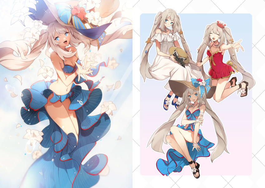 1girl absurdres blue_eyes boots dress fate/grand_order fate_(series) gloves hat high_heel_sandals highres long_hair marie_antoinette_(fate) marie_antoinette_(swimsuit_caster)_(first_ascension)_(fate) marie_antoinette_(swimsuit_caster)_(second_ascension)_(fate) marie_antoinette_(swimsuit_caster)_(third_ascension)_(fate) multiple_girls multiple_views no-kan red_dress sandals sitting sleeveless sleeveless_dress smile sun_hat swimsuit twintails very_long_hair white_dress white_hair