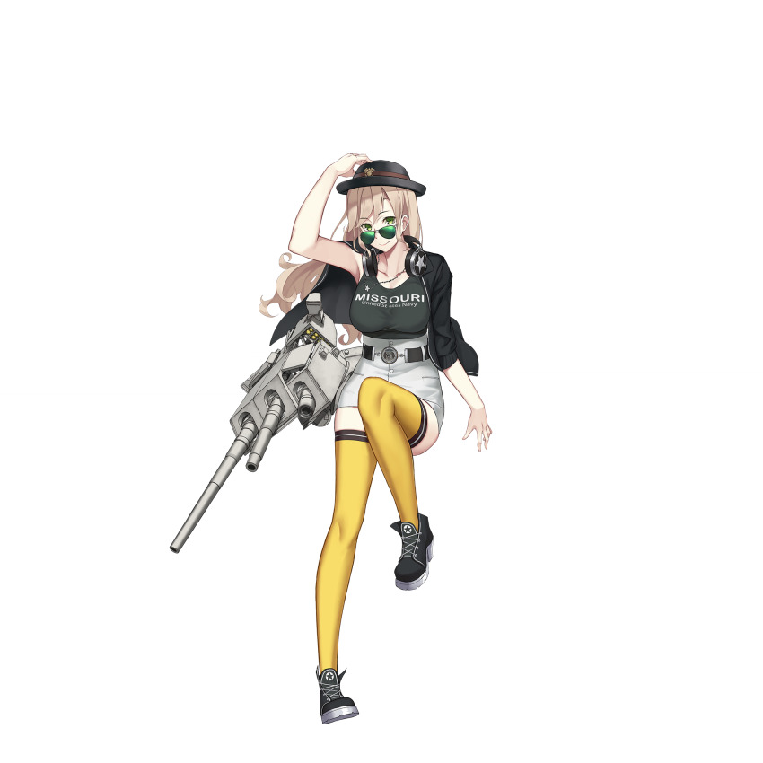 belt black_belt black_footwear black_hat black_jacket black_tank_top blonde_hair green_eyes hat headphones headphones_around_neck highres jacket jewelry long_hair looking_at_viewer looking_over_eyewear miniskirt missouri_(warship_girls_r) necklace official_alternate_costume official_art rigging skirt sunglasses tank_top thighhighs transparent_background warship_girls_r yellow_thighhighs zi_se
