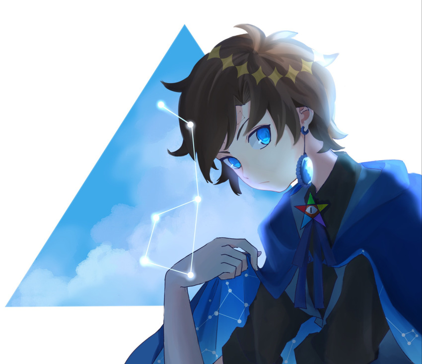 1boy black_shirt blue_bow blue_bowtie blue_cape blue_eyes blue_gemstone blue_shirt blue_theme blue_vest bow bowtie brown_hair cape closed_mouth constellation dipper_gleeful dipper_pines earrings gem gravity_falls guozijam hands_up highres holding jewelry long_sleeves looking_at_viewer male_focus reverse_falls_(gravity_falls) shirt short_hair solo two-sided_cape two-sided_fabric vest