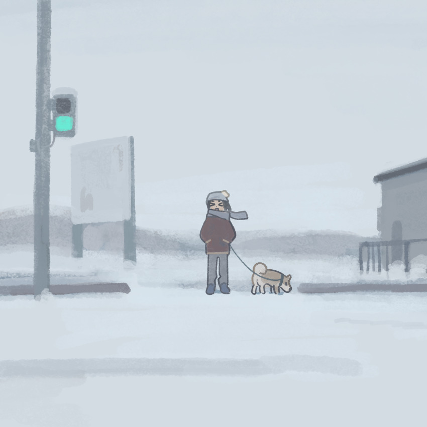 &gt;_&lt; 1girl animal beanie black_hair dog grey_pants hands_in_pockets hat highres jacket leash muji_(uimss) original outdoors pants pet_walking pom_pom_(clothes) pom_pom_beanie scarf snow solo wide_shot winter
