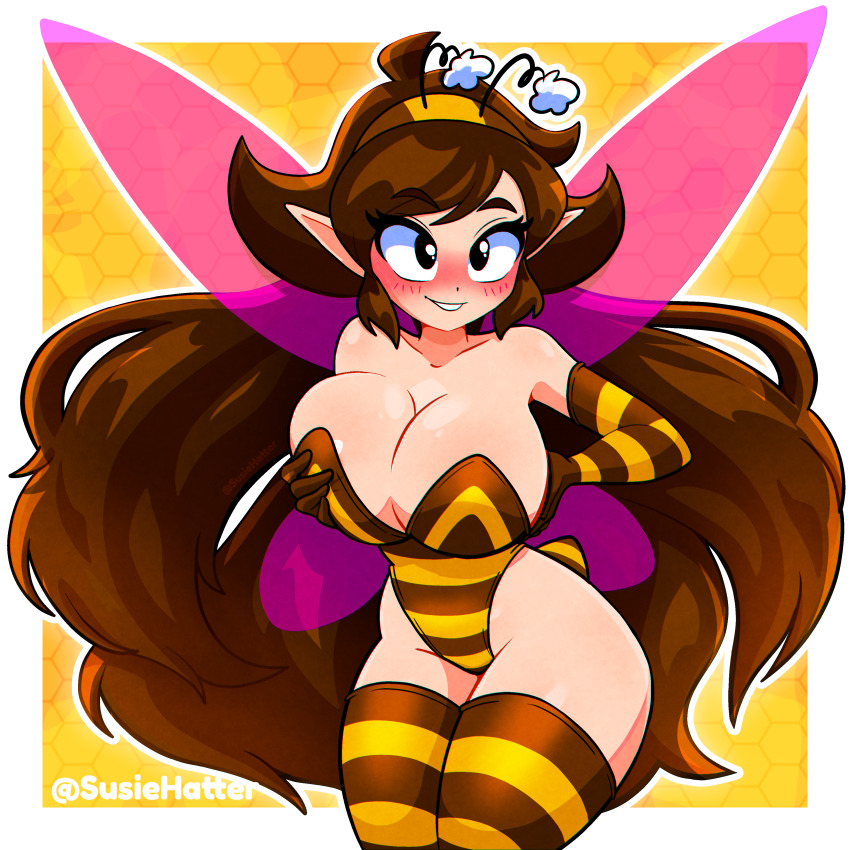 1girl absurdres antennae arthropod_girl bee_girl bee_wings black_eyes blush breasts brown_hair cleavage collarbone fake_antennae gloves grabbing_own_breast grin highres honeycomb_(pattern) honeycomb_background huge_breasts insect_girl insect_wings leotard long_hair original pointy_ears smile standing stinger striped_clothes striped_gloves striped_leotard striped_thighhighs susie_(susiehatter) susie_hatter teeth thighhighs wide_hips wings yellow_background yellow_gloves yellow_leotard yellow_thighhighs