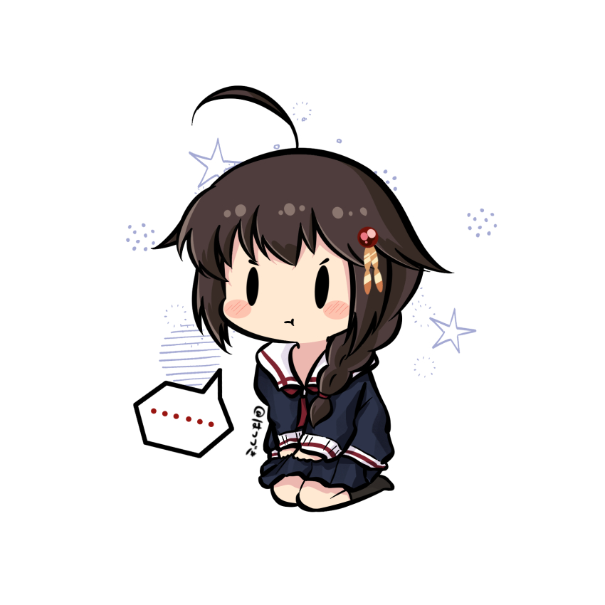 ... 1girl ahoge black_hair black_jacket black_serafuku black_skirt blush_stickers braid chibi commentary hair_flaps hair_over_shoulder hatsuzuki_527 highres jacket kantai_collection long_hair pout sailor_collar school_uniform seiza serafuku shigure_(kancolle) shigure_kai_ni_(kancolle) single_braid sitting skirt solid_oval_eyes solo spoken_ellipsis star_(symbol) star_symbol_background symbol-only_commentary white_sailor_collar