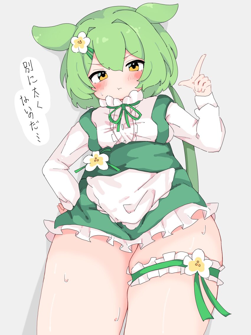 1girl absurdres blush collar dress frilled_collar frilled_thigh_strap frills from_below green_dress grey_background hand_on_own_hip hand_up highres index_finger_raised looking_at_viewer michishi_reube pout skindentation solo speech_bubble thick_thighs thigh_strap thighs voiceroid zundamon