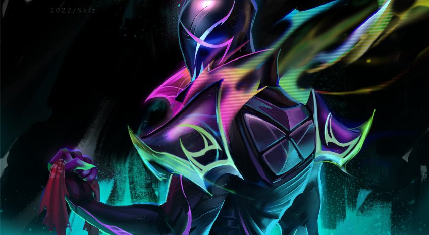 1boy armor black_background clenched_hand colorful empyrean_pyke from_side green_background hand_up helm helmet highres holding league_of_legends male_focus pyke_(league_of_legends) shoulder_armor skizoh solo upper_body