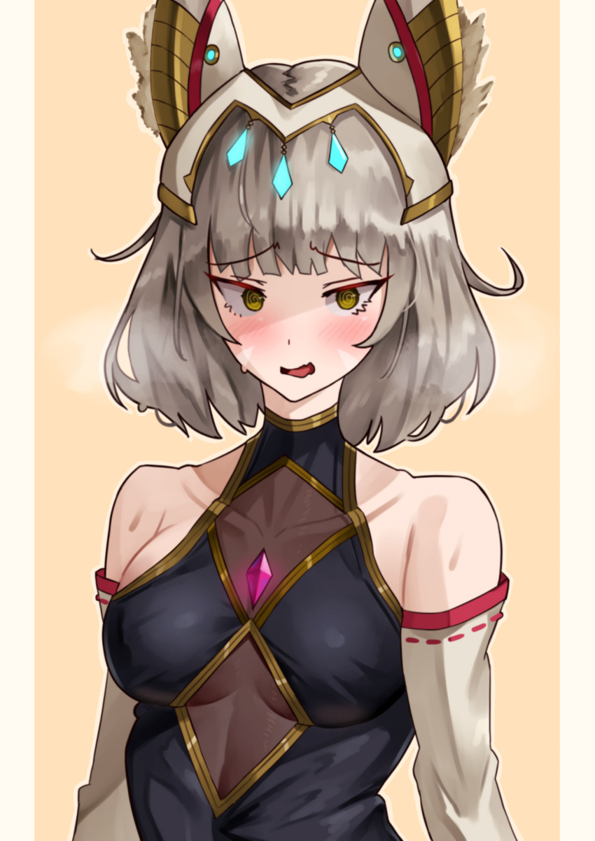 1girl absurdres animal_ear_fluff bare_shoulders blush border breasts brown_hair brown_sleeves chest_jewel commentary_request detached_sleeves headpiece highres looking_at_viewer medium_breasts nia_(xenoblade) open_mouth pillarboxed short_hair sleeveless solo sweat upper_body white_border xenoblade_chronicles_(series) xenoblade_chronicles_3 yellow_background yellow_eyes yotsuha_uni