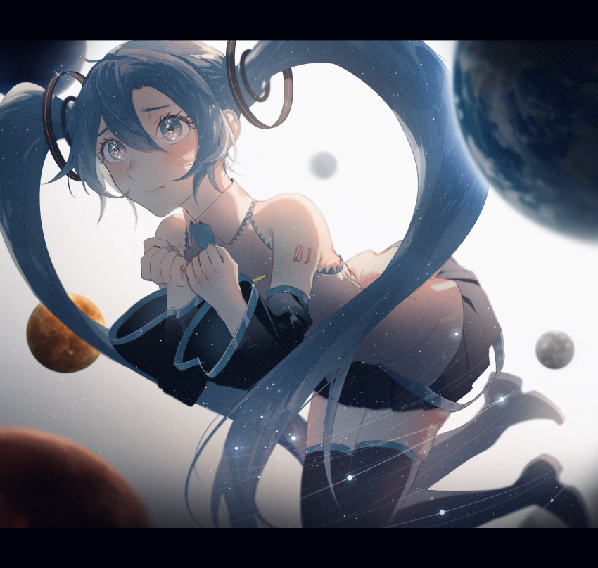 1girl backlighting bad_id bad_pixiv_id black_skirt black_thighhighs blue_eyes blue_hair blue_nails blue_necktie blurry blurry_background blush clenched_hands closed_mouth collared_shirt commentary_request depth_of_field detached_sleeves earth_(planet) expressionless eyelashes fantasy fingernails floating_hair frown furrowed_brow gradient_background grey_background hair_between_eyes hamuna_(hamuna_86) hands_on_own_chest hands_up hatsune_miku heart heart_in_eye highres knees_together_feet_apart letterboxed light_particles lips long_eyelashes long_hair looking_afar mars_(planet) nail_polish nayutan_sei_kara_no_buttai necktie number_tattoo orbit planet pleated_skirt shaded_face shirt shoulder_tattoo sidelocks simple_background skirt sky sleeveless sleeveless_shirt solo sparkle sparkling_eyes star_(sky) starry_sky symbol_in_eye tareme tattoo thighhighs twintails very_long_hair vocaloid wakusei_loop_(vocaloid) white_background wide-eyed worried zero_gravity zettai_ryouiki