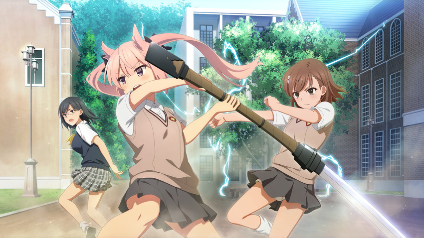 3girls black_hair black_sweater_vest blue_eyes breasts brown_eyes brown_hair brown_sweater_vest building closed_mouth collared_shirt day electricity electrokinesis game_cg glasses grey_skirt hair_horns holding holding_sword holding_weapon katana kneehighs konori_mii lamppost large_breasts long_hair mashiko_kaoru misaka_mikoto multiple_girls official_art ootachi open_mouth outdoors pink_hair plaid_clothes plaid_skirt pleated_skirt purple_eyes school_uniform shirt short_hair short_sleeves skirt socks sweater_vest sword toaru_kagaku_no_railgun toaru_majutsu_no_index toji_no_miko toji_no_miko:_kizamishi_issen_no_tomoshibi tokiwadai_school_uniform twintails v-shaped_eyebrows weapon white_shirt white_socks