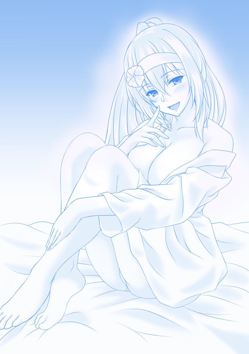 absurdres barefoot breasts cleavage duke_of_york_(warship_girls_r) flower gachishizyou hair_flower hair_ornament hairband highres large_breasts long_hair on_bed open_clothes open_mouth open_shirt ponytail sitting solo toes very_long_hair warship_girls_r