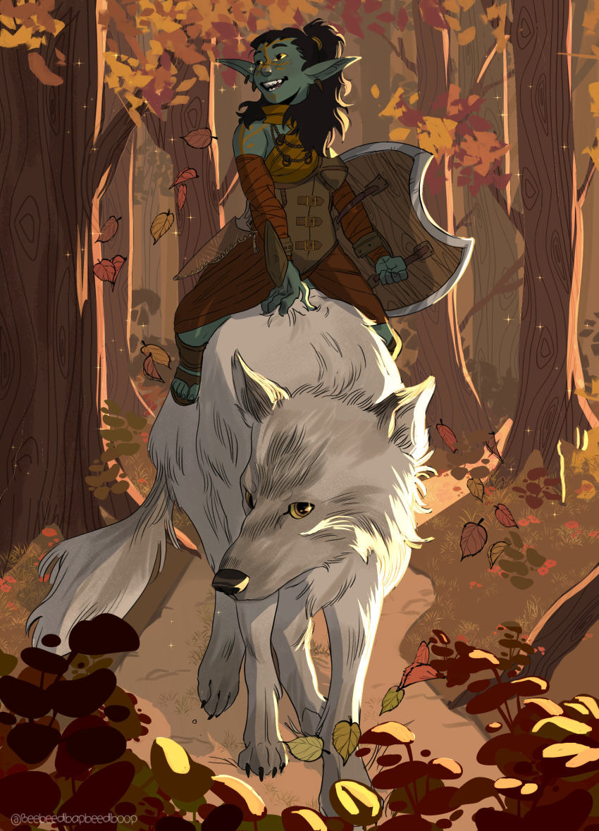 1girl absurdres arm_wrap armor autumn_leaves bead_necklace beads beebeedibapbeediboop black_eyes black_hair bodypaint brown_sandals brown_skirt colored_sclera commentary commission cuirass dagger earrings english_commentary facepaint falling_leaves female_goblin flower forest full_body goblin grass green_skirt grin hair_over_shoulder hand_on_animal highres holding holding_sword holding_weapon jewelry knife leaf leather_armor looking_to_the_side nature necklace original outdoors path pointy_ears ponytail red_flower riding riding_animal road sandals sharp_teeth sheath sheathed skirt smile solo sparkle sword teeth tree twitter_username weapon white_wolf yellow_sclera
