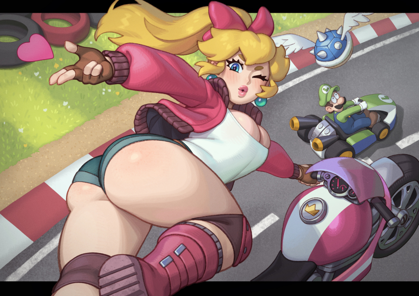 1boy 1girl alternate_body_size alternate_breast_size ass black_border blonde_hair blowing_kiss blue_eyes blue_overalls blue_shell_(mario) blue_shorts boots border bow breasts brown_gloves brown_hair car cleavage constricted_pupils crown curvy denim denim_shorts earrings facial_hair fingerless_gloves floating_hair from_above from_behind gloves green_shirt hair_bow hat heart highres jacket jewelry knee_guards large_breasts lips long_hair long_sleeves looking_at_viewer looking_up luigi mario_(series) mario_kart mario_kart_world motor_vehicle motorcycle mustache nintendo official_alternate_costume official_alternate_hairstyle one_eye_closed open_clothes open_jacket open_mouth outdoors outside_border outstretched_arm overalls parted_lips pearl_earrings pink_boots pink_bow pink_jacket ponytail princess_peach princess_peach_(touring) race_vehicle racecar racetrack racing riz shirt short_shorts shorts solo_focus sphere_earrings thick_eyebrows thick_thighs thighs v-shaped_eyebrows white_gloves white_shirt wink