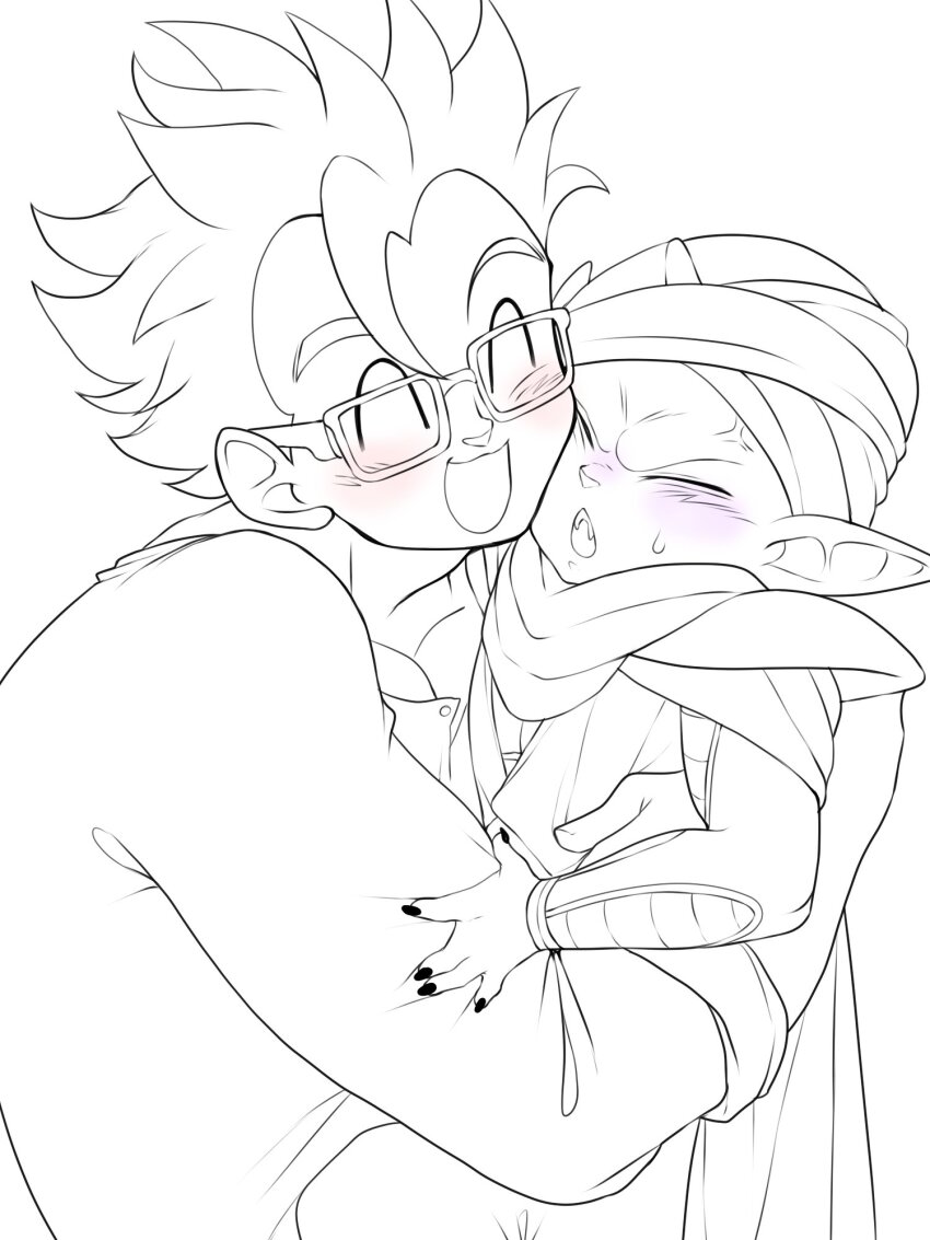 2boys aged_down anger_vein blush closed_eyes dragon_ball fangs glasses happy highres hug male_focus multiple_boys niusesabe open_mouth piccolo shirt short_hair son_gohan sweatdrop yaoi