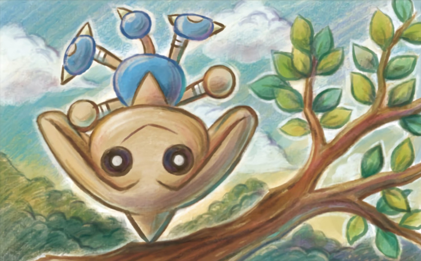 blue_sky closed_mouth cloud cloudy_sky creature full_body gen_2_pokemon hitmontop horns looking_at_viewer nintendo no_humans official_art outdoors pokemon pokemon_(creature) pokemon_tcg single_horn sky smile solo sowsow third-party_source upside-down