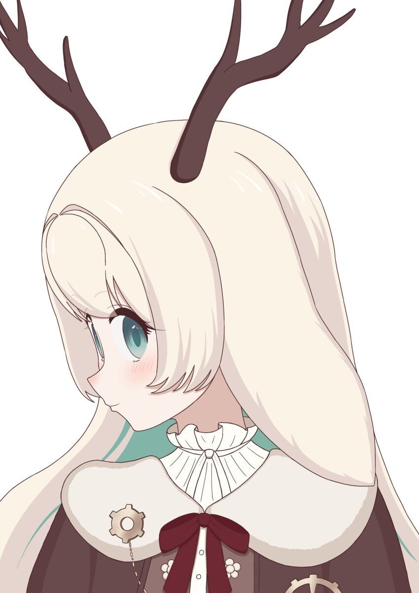 1girl animal_ears antlers awotaka blonde_hair blue_eyes blue_hair blush bow bowtie brown_bow brown_bowtie brown_jacket closed_mouth colored_inner_hair commentary floppy_ears highres horns jacket long_hair looking_at_viewer looking_to_the_side multicolored_hair nanashi_inc. rabbit_ears rabbit_girl shirt simple_background smile solo symbol-only_commentary tsukinoki_tirol upper_body virtual_youtuber white_background white_shirt