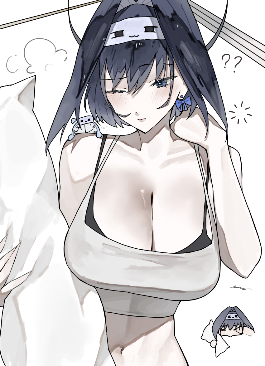 1girl absurdres alarm_clock alternate_costume bare_shoulders black_hair blue_eyes blue_hair blush bow bow_earrings breasts camisole chain chain_headband cleavage clock collarbone colored_inner_hair earrings ewn eye_mask hair_intakes halo highres holding hololive hololive_english jewelry large_breasts long_hair looking_at_viewer mascot mechanical_halo midriff multicolored_hair navel ouro_kronii pajamas pillow ribbon_earrings rubbing_eyes short_hair simple_background sleepy solo spaghetti_strap squeans strap_slip virtual_youtuber white_background white_camisole white_mask