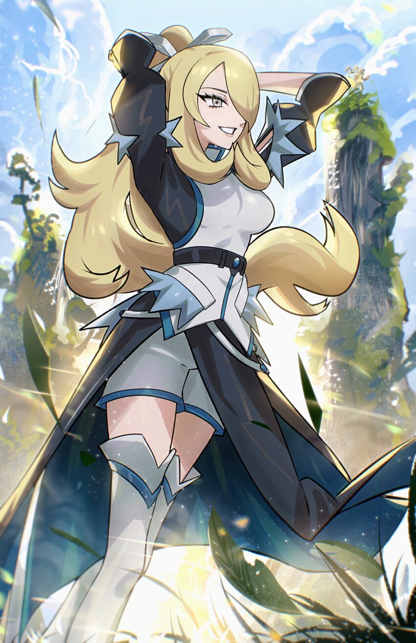 1girl blonde_hair boots breasts cynthia_(pokemon) cynthia_(sygna_suit)_(aura)_(pokemon) gen_4_pokemon grey_boots grey_eyes grey_shorts hair_ornament hair_over_one_eye highres large_breasts long_hair long_sleeves lucario mega_lucario mega_pokemon nintendo official_alternate_color pokemon pokemon_(creature) pokemon_masters_ex ryairyai shorts smile thigh_boots very_long_hair