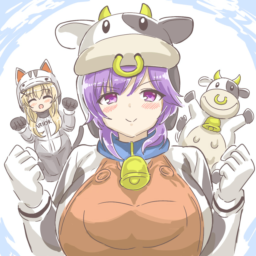 2girls :o absurdres alternate_costume animal animal_costume animal_ears animal_print bell blonde_hair blush breasts cat_ears closed_eyes cosplay cow_costume cow_horns cow_print cowbell crossover gloves hair_ornament hairpin hands_up happy helmet highres hood hoodie horns large_breasts long_sleeves marihei64ds mario_(series) mario_kart mizuori_shizuku moo_moo_(mario) multiple_girls neck_bell nintendo open_mouth purple_eyes purple_hair short_hair sidelocks simple_background smile solo_focus stuffed_toy summer_pockets tsumugi_wenders upper_body white_gloves x_hair_ornament