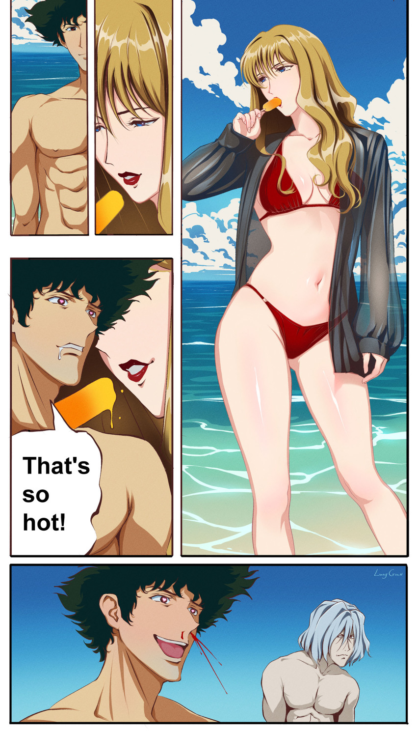 absurdres beach bikini blonde_hair blood blue_eyes brown_eyes cowboy_bebop curly_hair green_hair grey_eyes grey_hair heart heart-shaped_pupils highres julia_(cowboy_bebop) lucyguusi nosebleed spike_spiegel swimsuit symbol-shaped_pupils vicious_(cowboy_bebop)