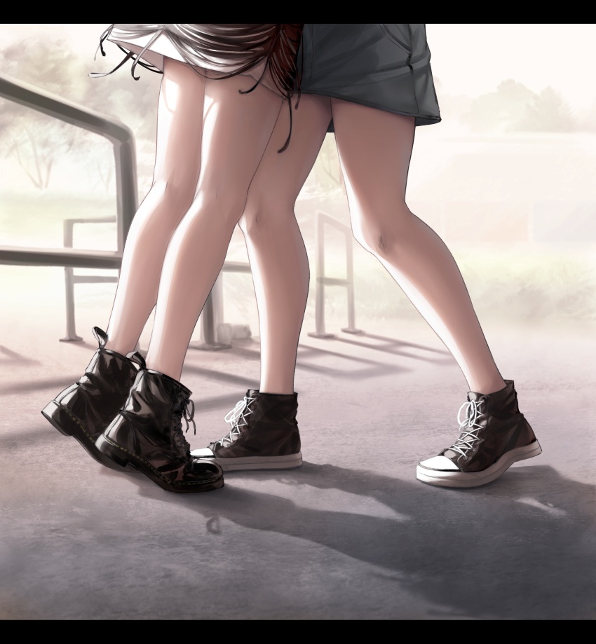 2girls absurdres bang_dream! bang_dream!_it&#039;s_mygo!!!!! black_footwear blue_skirt brown_skirt head_out_of_frame highres implied_kiss kaname_raana legs lower_body multiple_girls park raito_taisha shiina_taki shoelaces shoes skirt sneakers yuri
