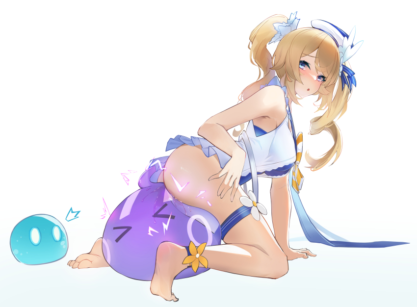 &gt;_&lt; 0_0 1girl absurdres ankle_ribbon bad_id bad_pixiv_id barbara_(genshin_impact) barbara_(summertime_sparkle)_(genshin_impact) bare_shoulders blonde_hair blue_eyes blush breasts commentary_request dress drill_hair electricity electro_slime_(genshin_impact) flower from_behind genshin_impact hair_ornament hat highres janload1ng kneeling leg_ribbon long_hair looking_at_viewer looking_back official_alternate_costume open_mouth ribbon sleeveless slime_(genshin_impact) solo thigh_strap twin_drills twintails white_background white_dress white_hat yellow_flower