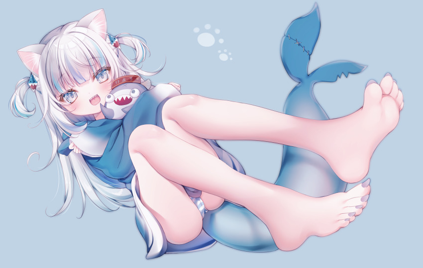 1girl animal_costume animal_ears animal_hood barefoot bloop_(gawr_gura) blue_background blue_eyes blue_hair blue_hoodie blunt_bangs cat_ears feet fins fish_tail fiyu full_body gawr_gura gawr_gura_(1st_costume) hair_ornament highres holding hololive hololive_english hood hoodie legs long_hair looking_at_viewer multicolored_hair panties shark_costume shark_girl shark_hair_ornament shark_hood shark_print shark_tail sharp_teeth sidelocks simple_background soles streaked_hair tail teeth toes two_side_up underwear virtual_youtuber white_hair