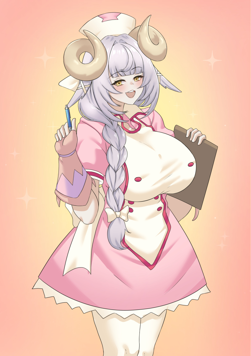 1girl :d alternate_hairstyle animal_ears back_bow blunt_bangs blush bow braid breasts clipboard commentary dress english_commentary esila_shephield fingerless_gloves gloves hat highres holding holding_clipboard holding_pen horns huge_breasts nexas_(vtuber) nurse_cap open_mouth pantyhose pen pink_dress pink_gloves puffywaffles purple_hair sheep_ears sheep_horns smile solo teeth tongue upper_teeth_only virtual_youtuber white_bow white_pantyhose yellow_eyes
