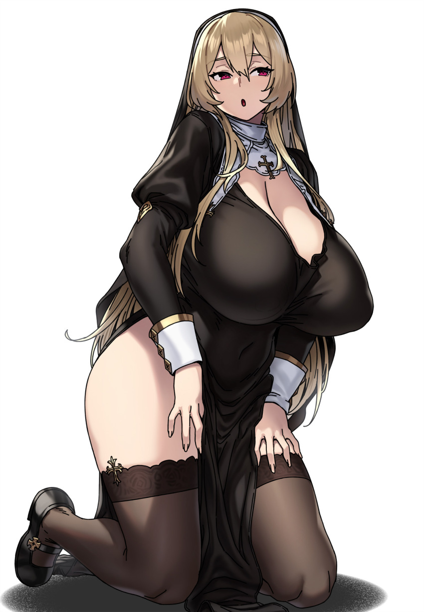 1girl black_dress black_veil blonde_hair breasts brown_thighhighs cleavage collar dress highres houtengeki huge_breasts kneeling long_hair long_sleeves looking_to_the_side metal_collar nun open_mouth original pelvic_curtain red_eyes sidelocks thighhighs veil