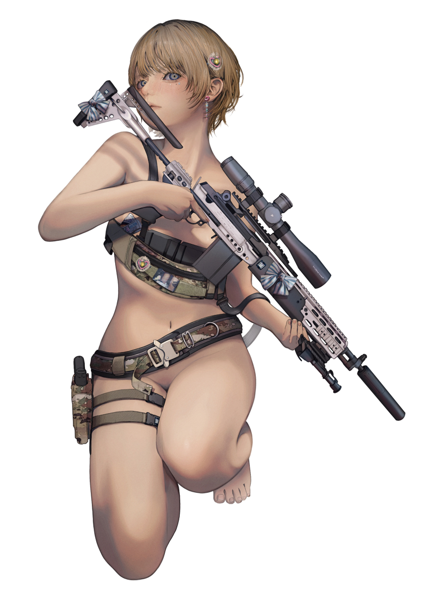 1girl absurdres artist_name barcode barefoot battle_rifle blonde_hair blue_eyes bow camouflage camouflage_belt commentary dated earrings flat_chest freckles full_body gun hair_ornament handgun highres holding holding_gun holding_weapon jewelry looking_at_viewer magazine_(weapon) making-of_available mikasamu mk_14_ebr mole mole_under_eye navel no_bra no_panties on_one_knee original parted_lips pouch rail_(weapon) rifle scope short_hair simple_background sniper_rifle solo striped_bow thigh_pouch weapon white_background woodland_camouflage