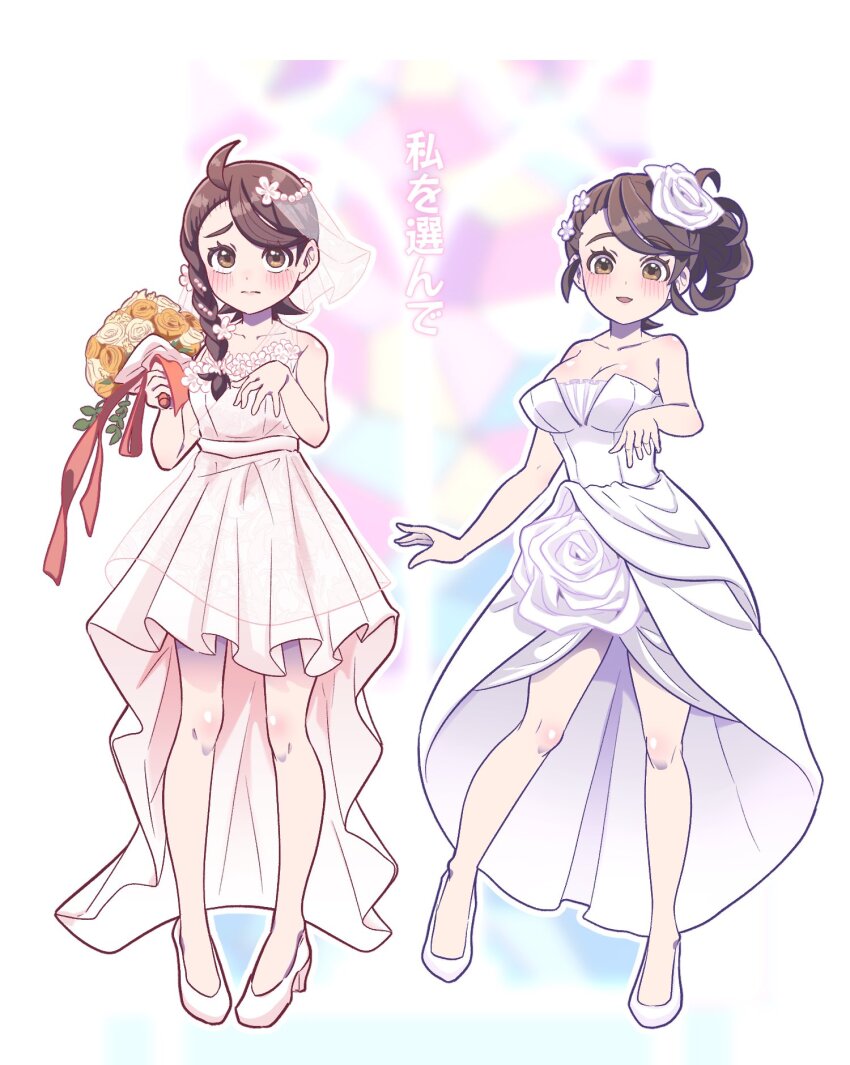1girl blush bouquet braid breasts brown_eyes brown_hair cleavage collarbone dress flower gyakutenndokei2 hair_flower hair_ornament highres juliana_(pokemon) nintendo off-shoulder_dress off_shoulder pokemon pokemon_sv see-through_clothes see-through_veil side_braid veil wedding_dress white_dress