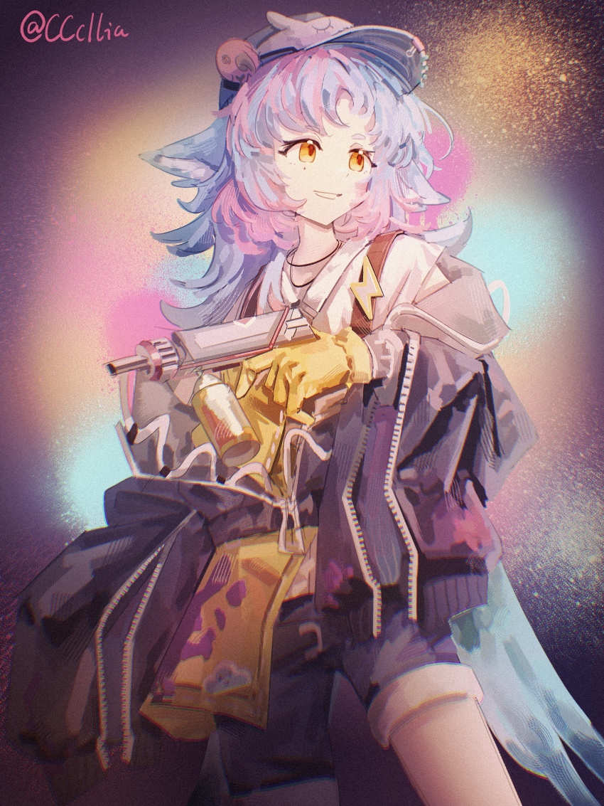 1girl absurdres animal_ears apron arknights bird_ears bird_girl bird_tail blue_hair gloves hat highres holding long_sleeves multicolored_hair oversized_jacket paint_gun paint_on_body pink_hair sakuratani_hane shirt shorts sleeve_zipper smile solo tail tippi_(arknights) twitter_username two-tone_hair white_shirt yellow_apron yellow_eyes yellow_gloves